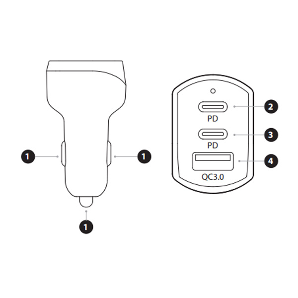 Prise allume-cigare triple USB-A / 2 USB-C 30W