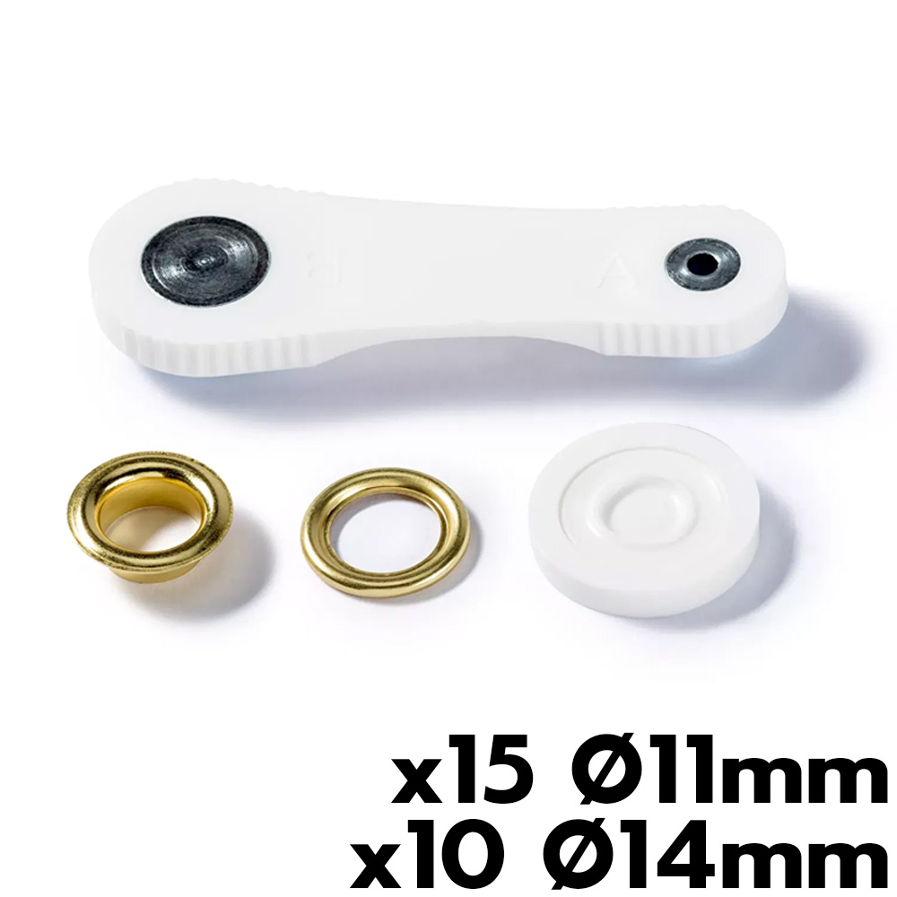 Oeillets + rondelles avec outil  percer -  11 ou 14 mm (lot de 10 ou 15)