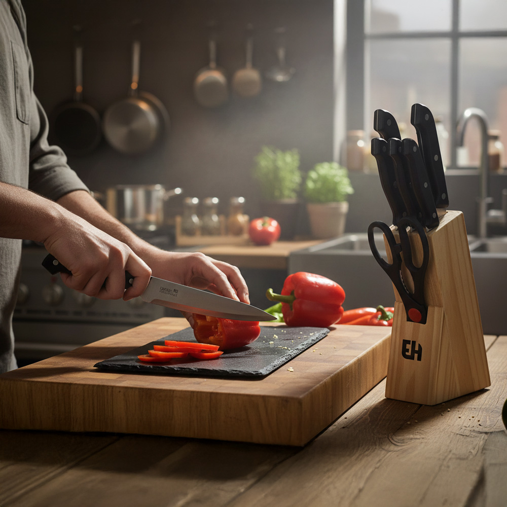 Set de 5 couteaux + ciseaux avec support en bois - 7 pi�ces