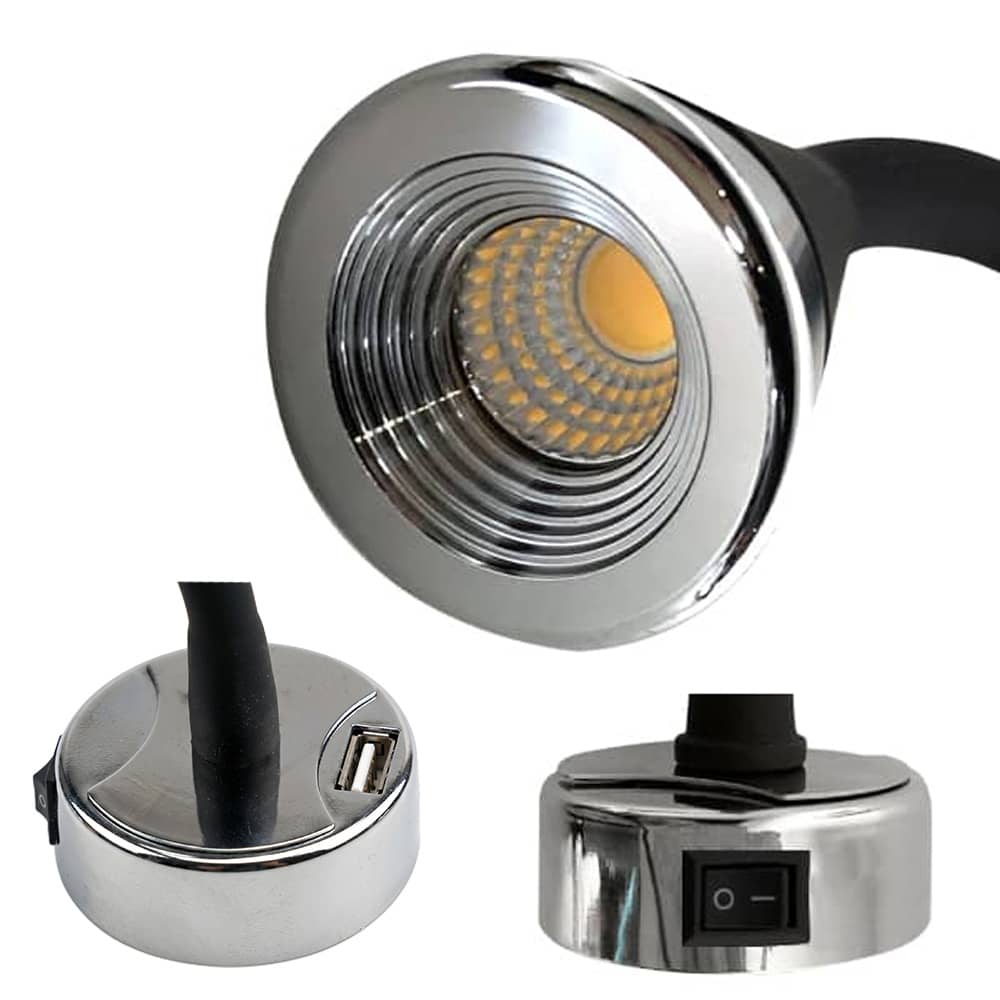 Spot LED 35cm noir 12V 1W5 orientable avec prise USB 
