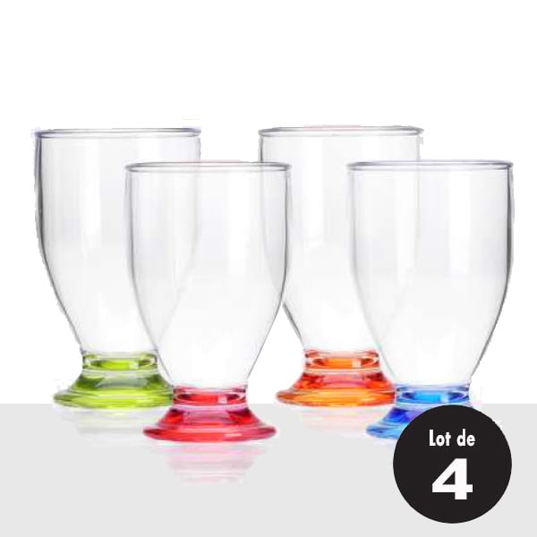 Lot de 4 verres acryliques 17cl embase colore