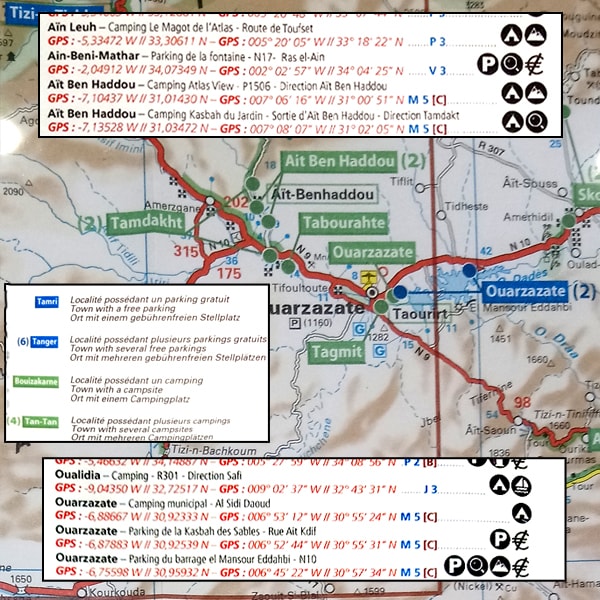 Carte MAROC Parkings gratuits et Campings
