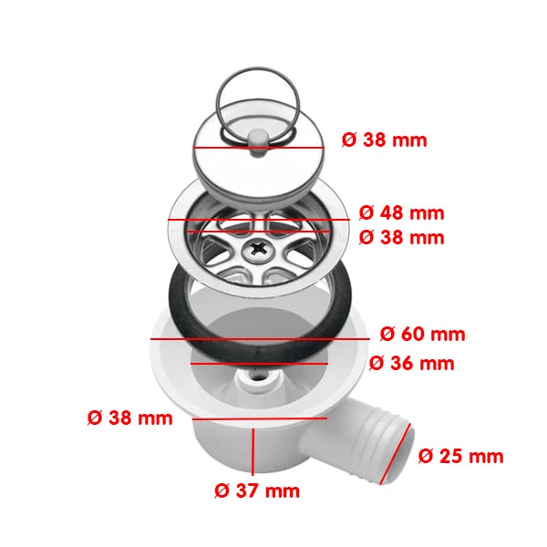 Bonde inox coude SMEV 38 mm tuyau 25 mm