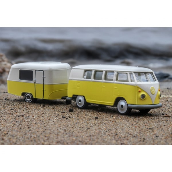 Jouet VW T1 avec caravane jaune 13 cm
