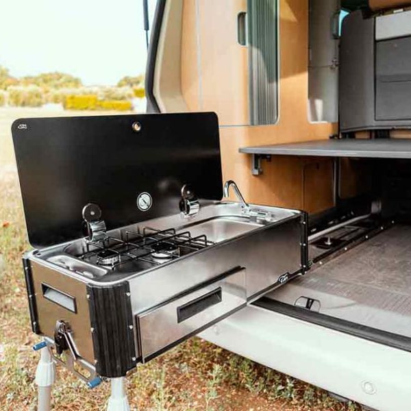 Cuisinière à gaz coulissante sur la largeur 2 feux et évier