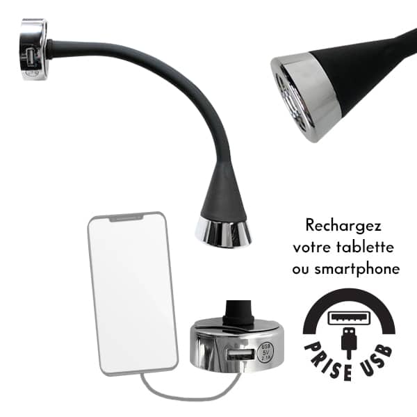 Spot LED noir 12V 1W5 orientable avec prise USB - Camping-car Caravane