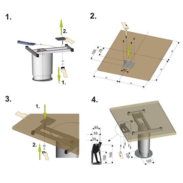 Support de table amovible pour l'aménagement intérieur de votre bateau :  coupelles et pied de tables pour bateau.