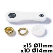 Oeillets + rondelles avec outil  percer -  11 ou 14 mm (lot de 10 ou 15)