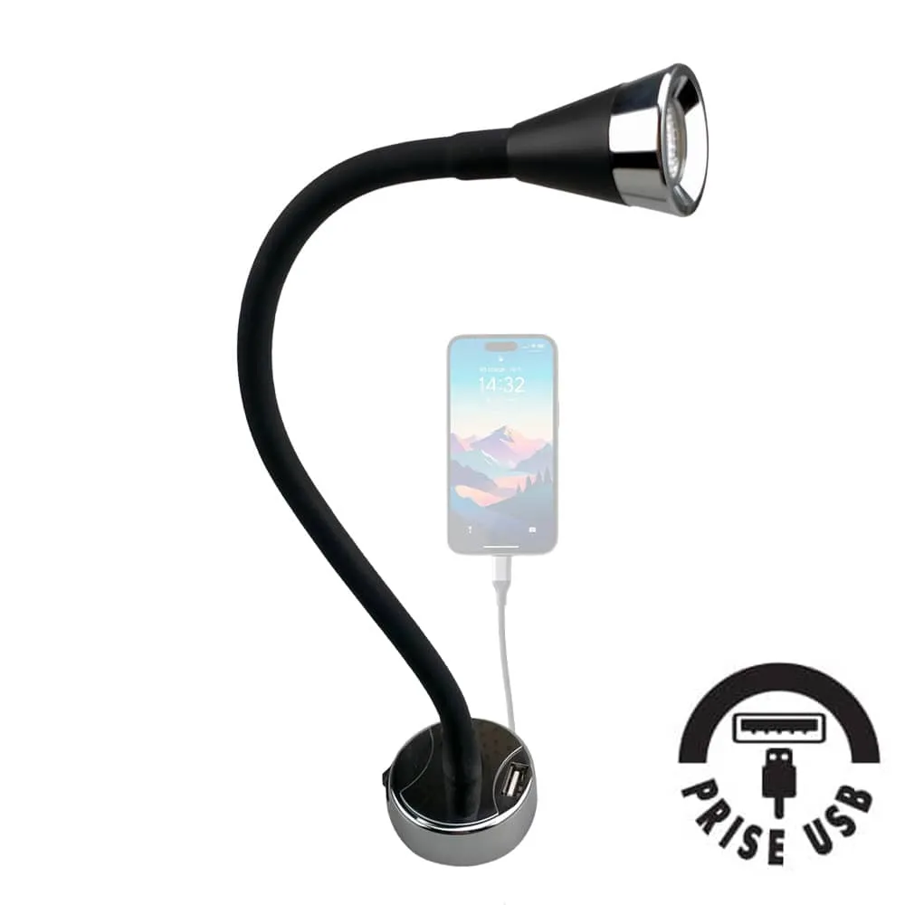 Spot LED 35cm noir 12V 1W5 orientable avec prise USB 