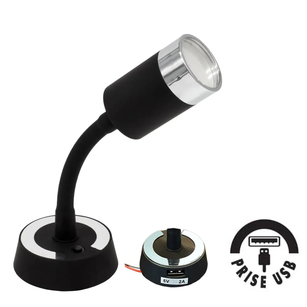 Spot LED noir argent� flexible 12V avec USB